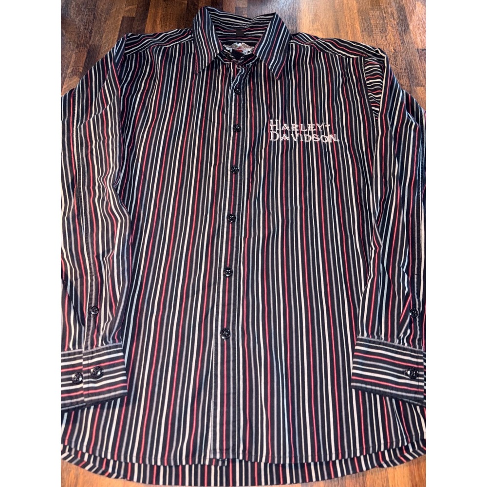 Harley-Davidson Mens Black Red Striped Long Sleeve Embroidered Button Up Shirt M